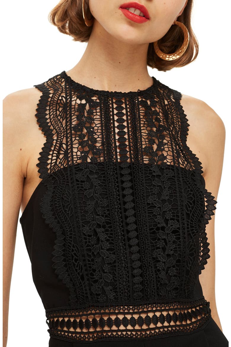 Saskia Lace Trim Jumpsuit, Alternate, color, BLACK