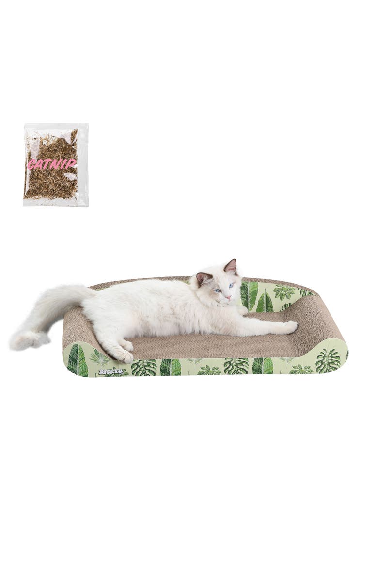 The Licker Store Montego 27.5" Coastal Patterned Cardboard Lounge Bed Cat Scratcher with Catnip, Main, color, Mint/Green
