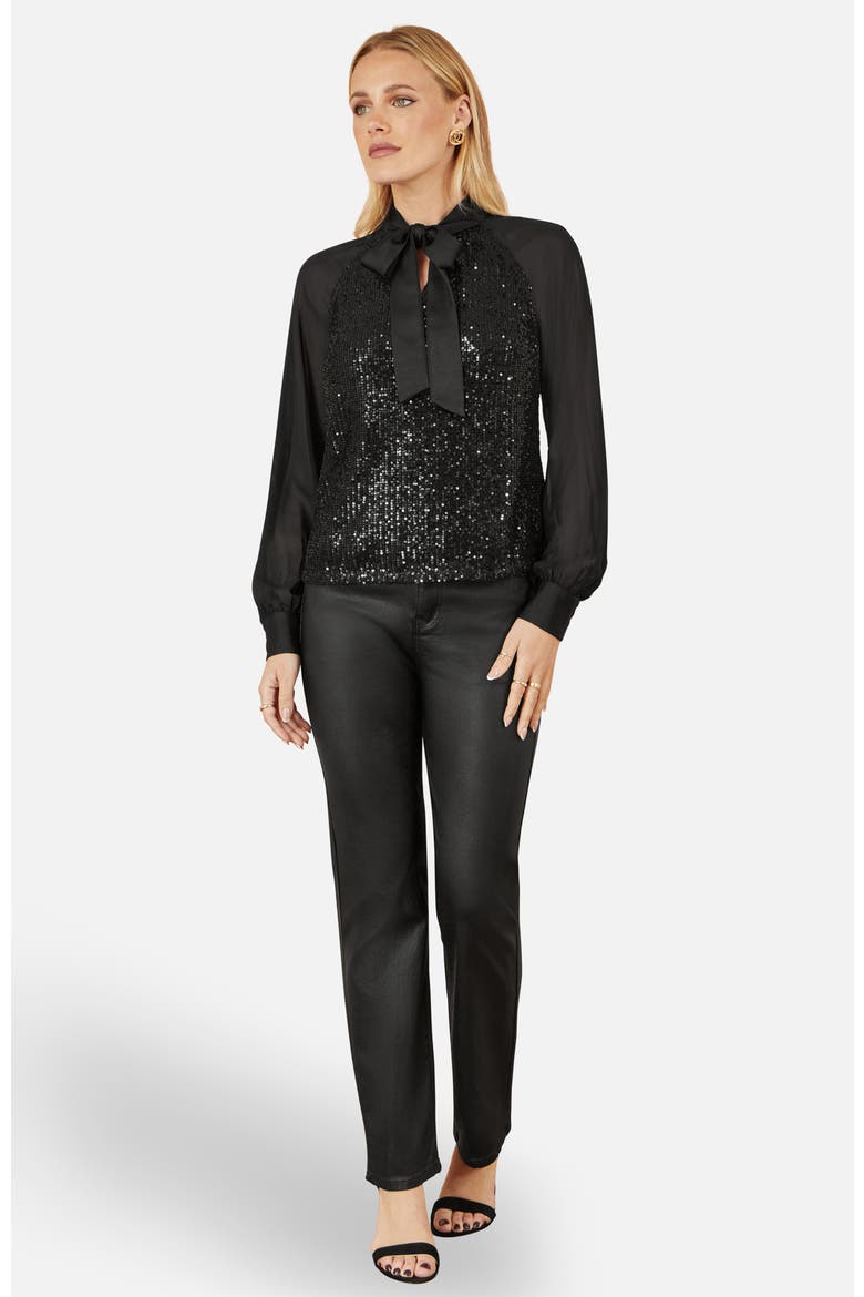 Sequin Pussy Bow Top, Alternate, color, Black