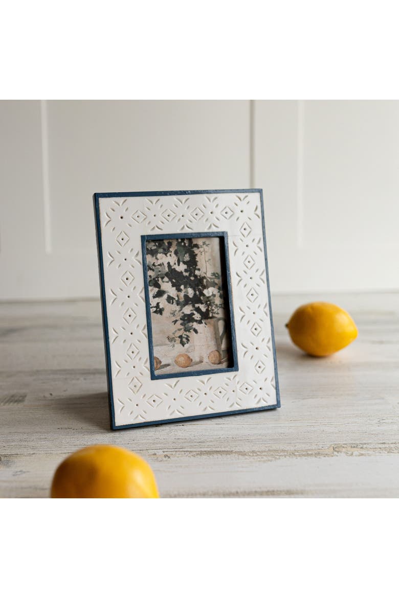 4x6 Blue & Cream Rustic Mango Wood Geometric Pattern Photo Frame, Alternate, color, White