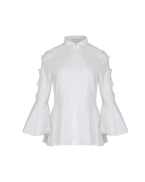 Anne Fontaine Women's Shirt  Coline White Poplin 3/4 Shirt With Mini Point Collar And Peplum Waist 