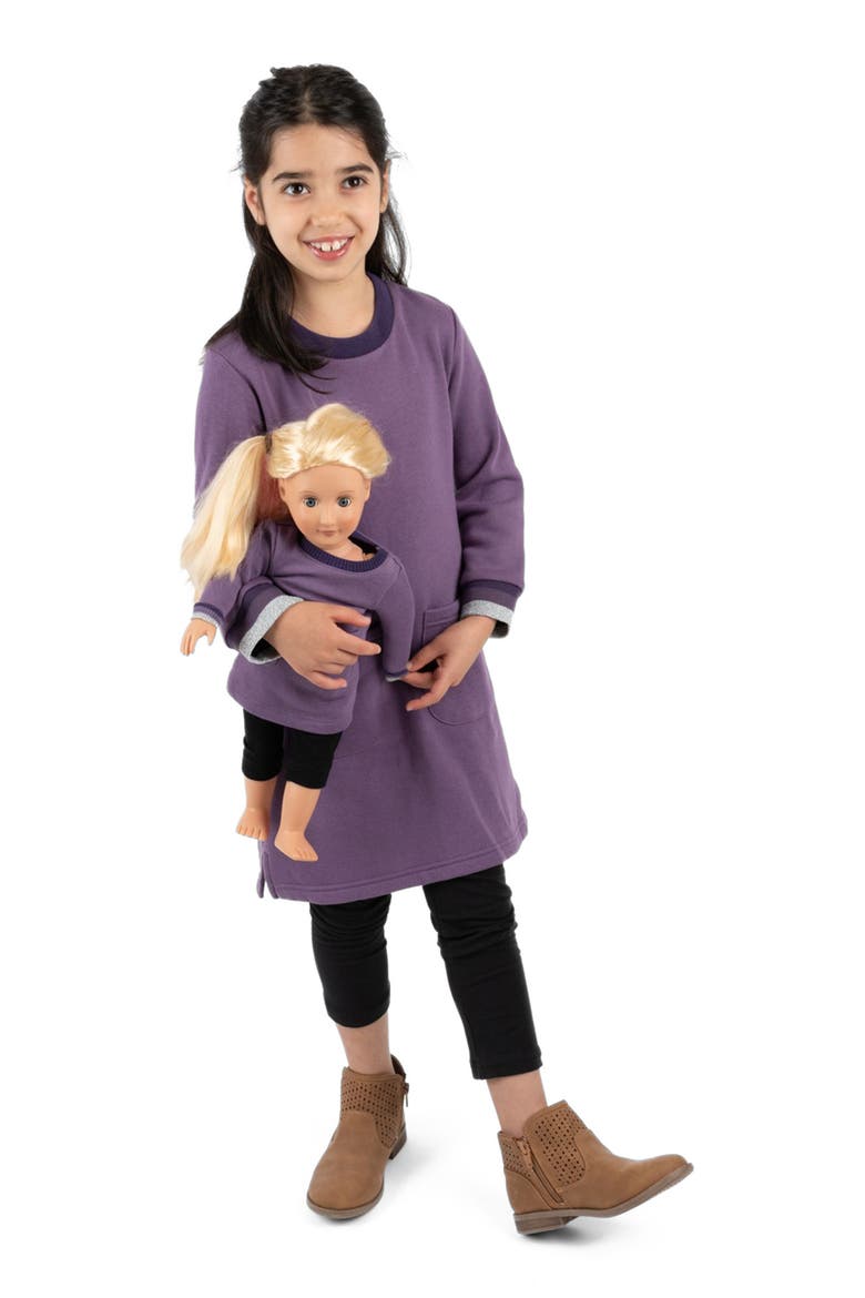 Girls Sweatshirt Dress with Matching Doll Dress, Alternate, color, PURPLE