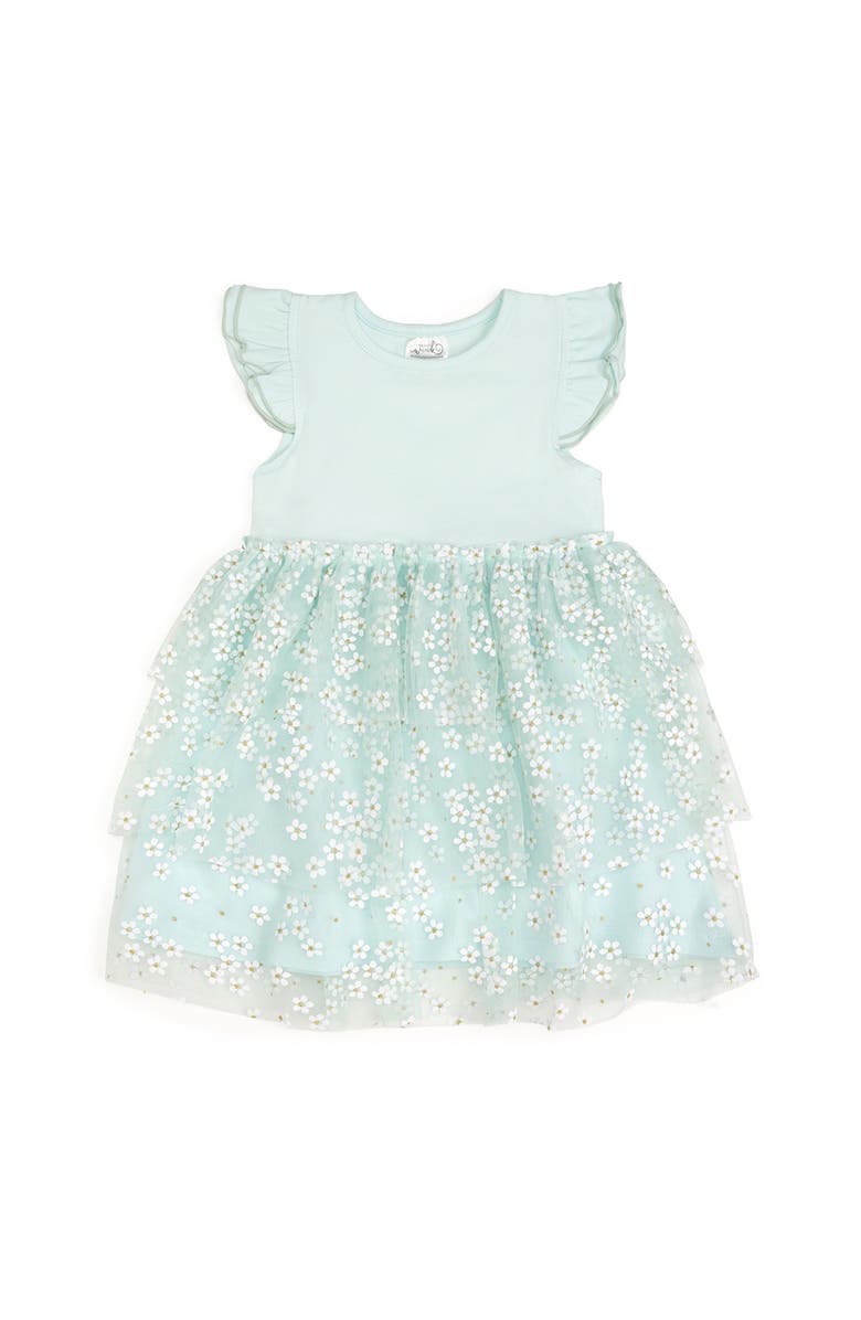 Sweet Wink Aqua Ditsy Daisy Easter Tiered Short Sleeve Tutu Dress, Main, color, 