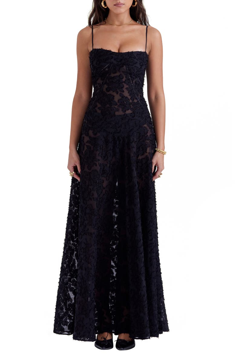 Seren Blush Sheer Lace-Up Back Gown, Main, color, BLACK