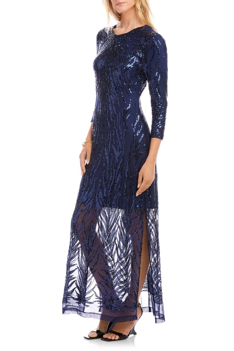 Sequin Long Sleeve Evening Gown, Alternate, color, NAVY