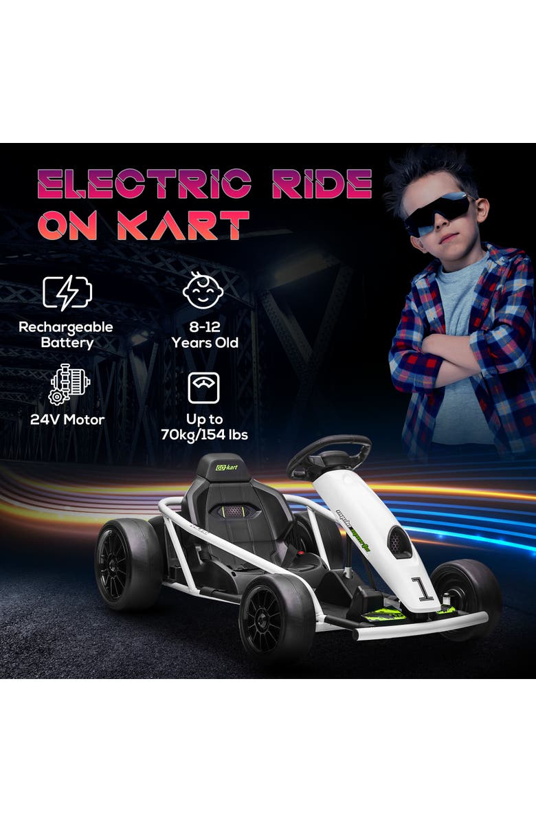 Aosom 24V Drifting Electric Go Kart 8.1 MPH with Slow Start Music Horn Safety Belt, Alternate, color, White