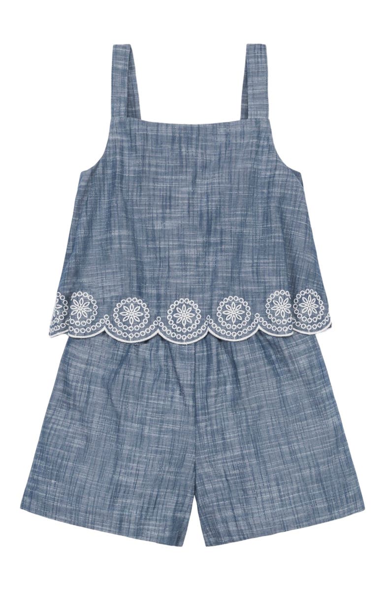 Hope & Henry Girls' Organic Faux Tank Scallop Edge Chambray Romper, Infant, Alternate, color, 