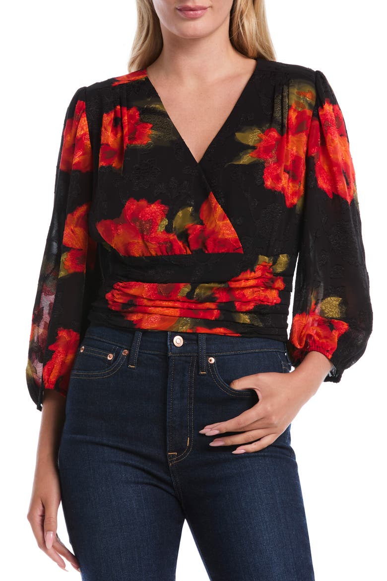 Puff Sleeve Faux Wrap Front Blouse, Main, color, FLAME SCARLET