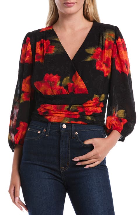 Puff Sleeve Faux Wrap Front Blouse