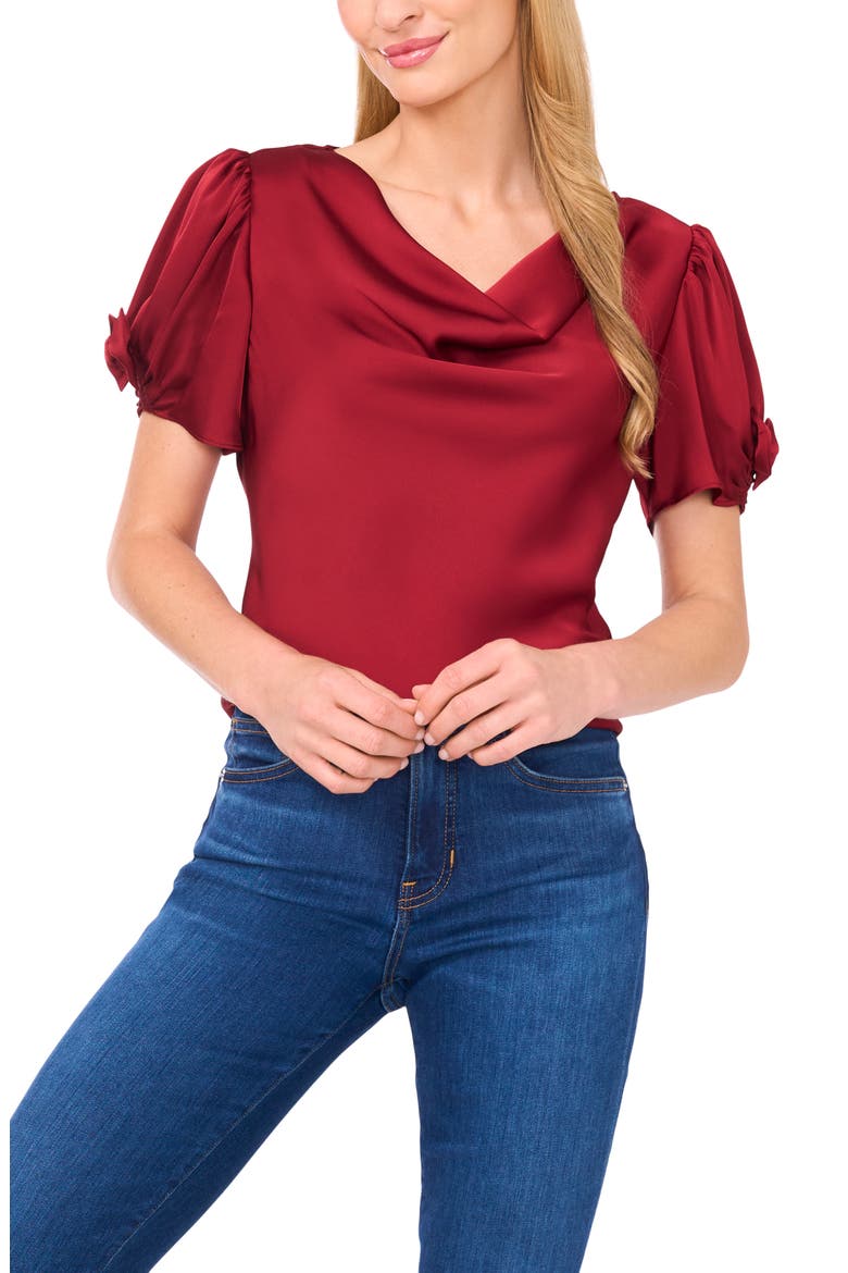 Bow Sleeve Cowl Neck Satin Charmeuse Top, Main, color, MULBERRY RED