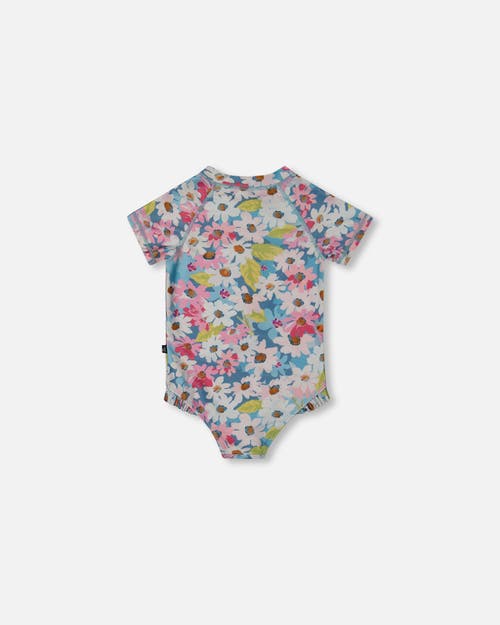 Deux Par Deux Girl's Printed Short Sleeve One-piece Swimsuit With Frills White, Pink, And Green Flow In Blue