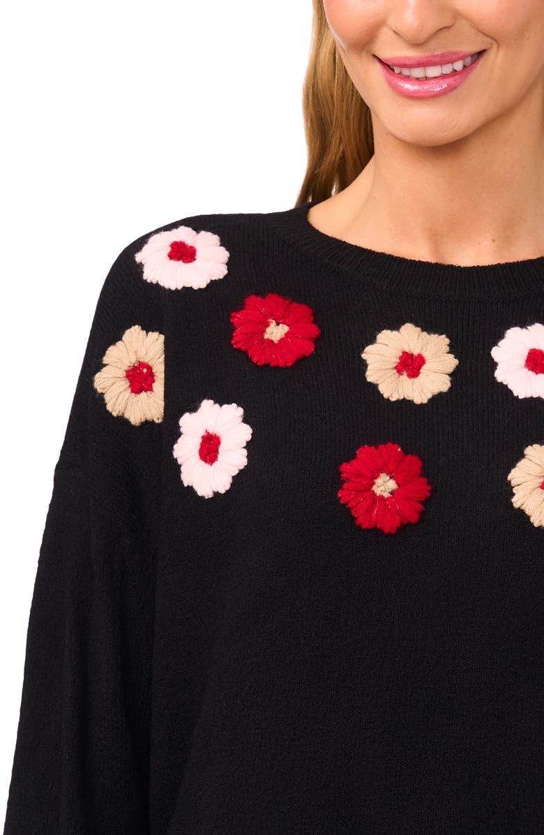 CeCe Embroidered Flower Sweater, Alternate, color, Rich Black