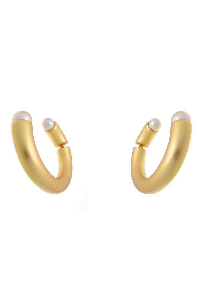 Anais Curve Faux Pearl Front/Back Hoop Earrings, Main, color, GOLD TONE / PEARL