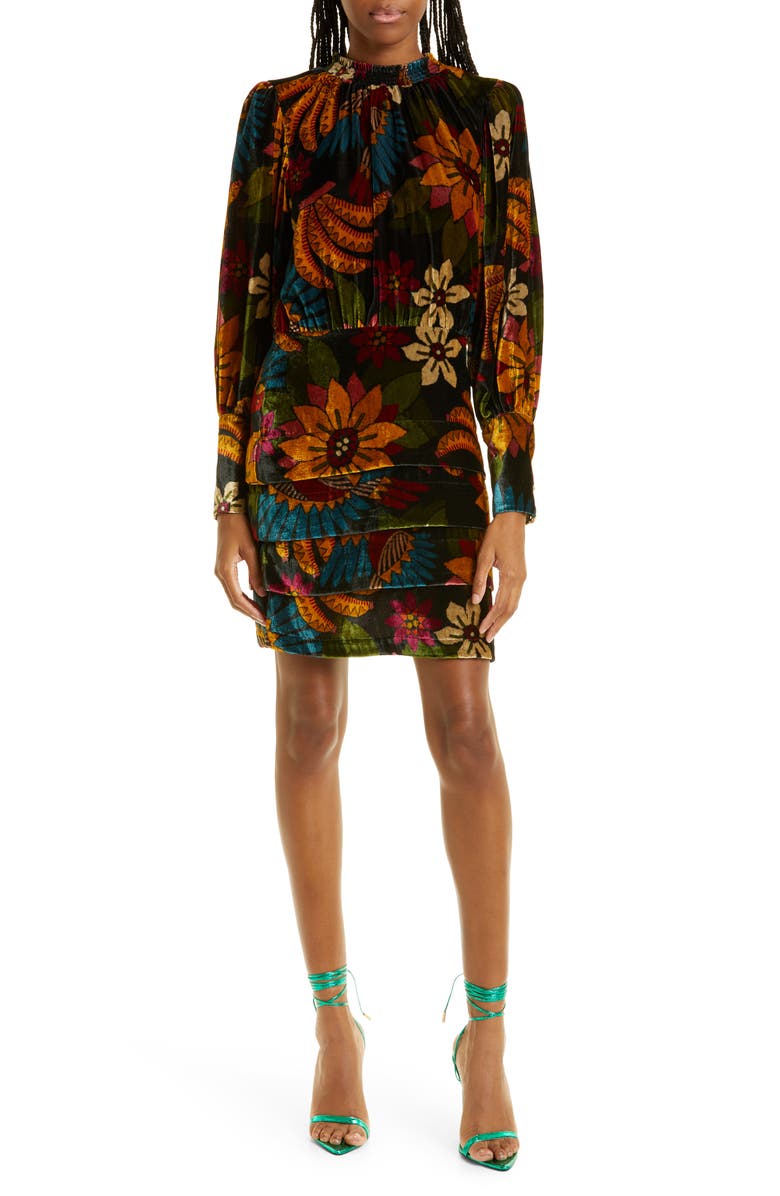 FARM Rio Macaw Floral Long Sleeve Velvet Dress, Main, color, 