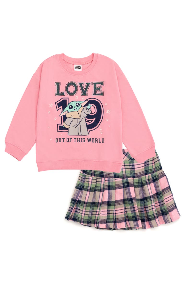 Star Wars The Mandalorian Grogu 2-Piece Sweatshirt and Pleated Skirt Set, Main, color, Grogu Pink Plaid