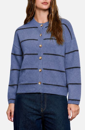 Blu Pepper Stripe Crewneck Cardigan In Dusty Blue