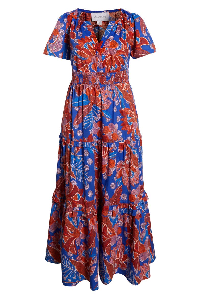 Amazonia Floral Tiere Cotton Maxi Dress, Alternate, color, BLUE/ BURGUNDY