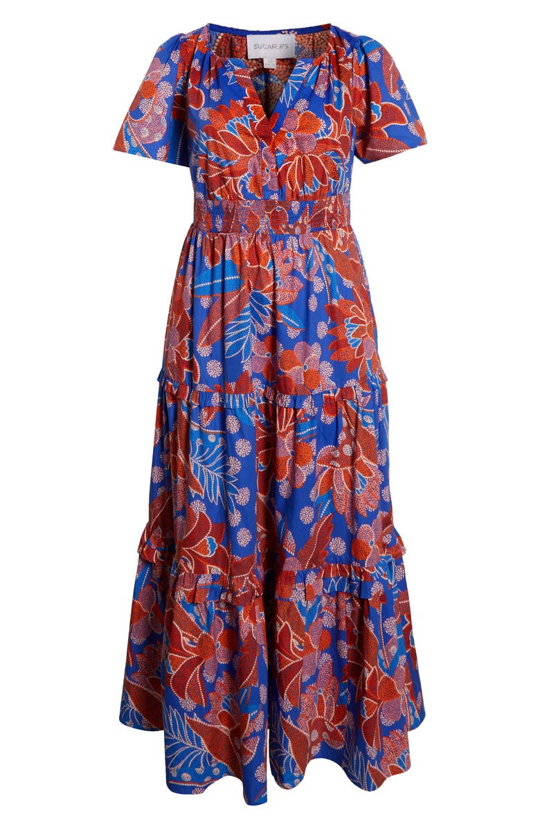 SUGARLIPS Amazonia Floral Tiere Cotton Maxi Dress, Alternate, color, Blue/ Burgundy