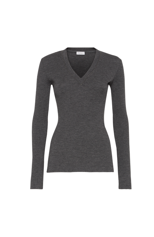 Brunello Cucinelli Fitted Long Sleeve Ribbed V Neck Top In Gray