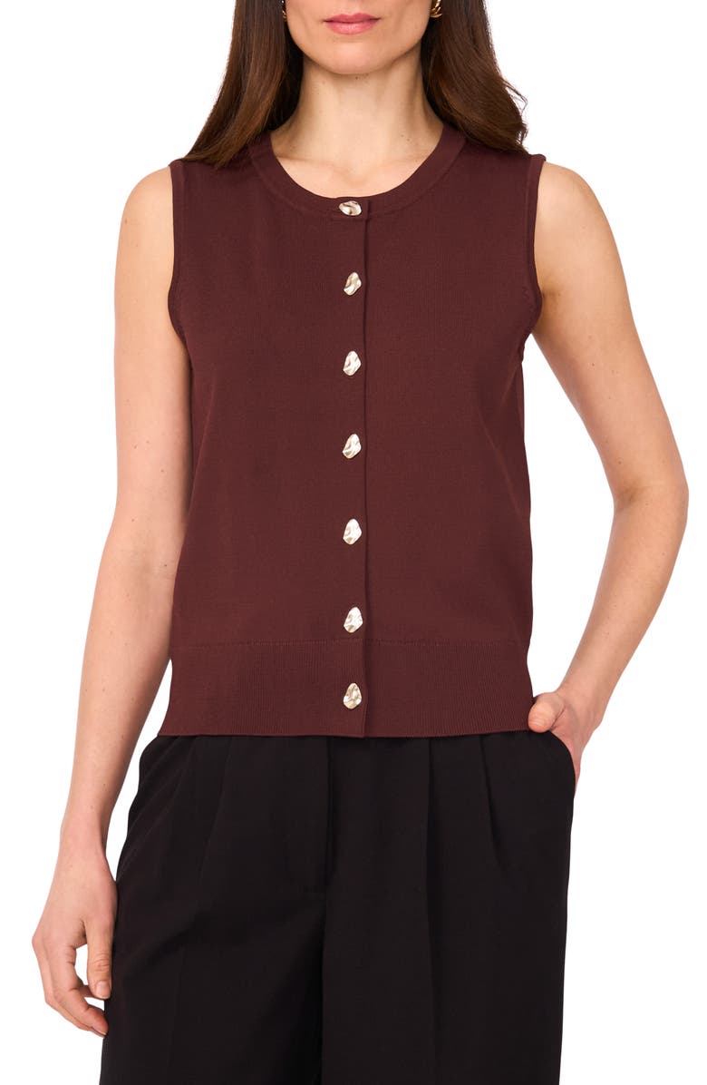 Vince Camuto Crewneck Button-Up Sweater Vest, Main, color, Rich Chocolate