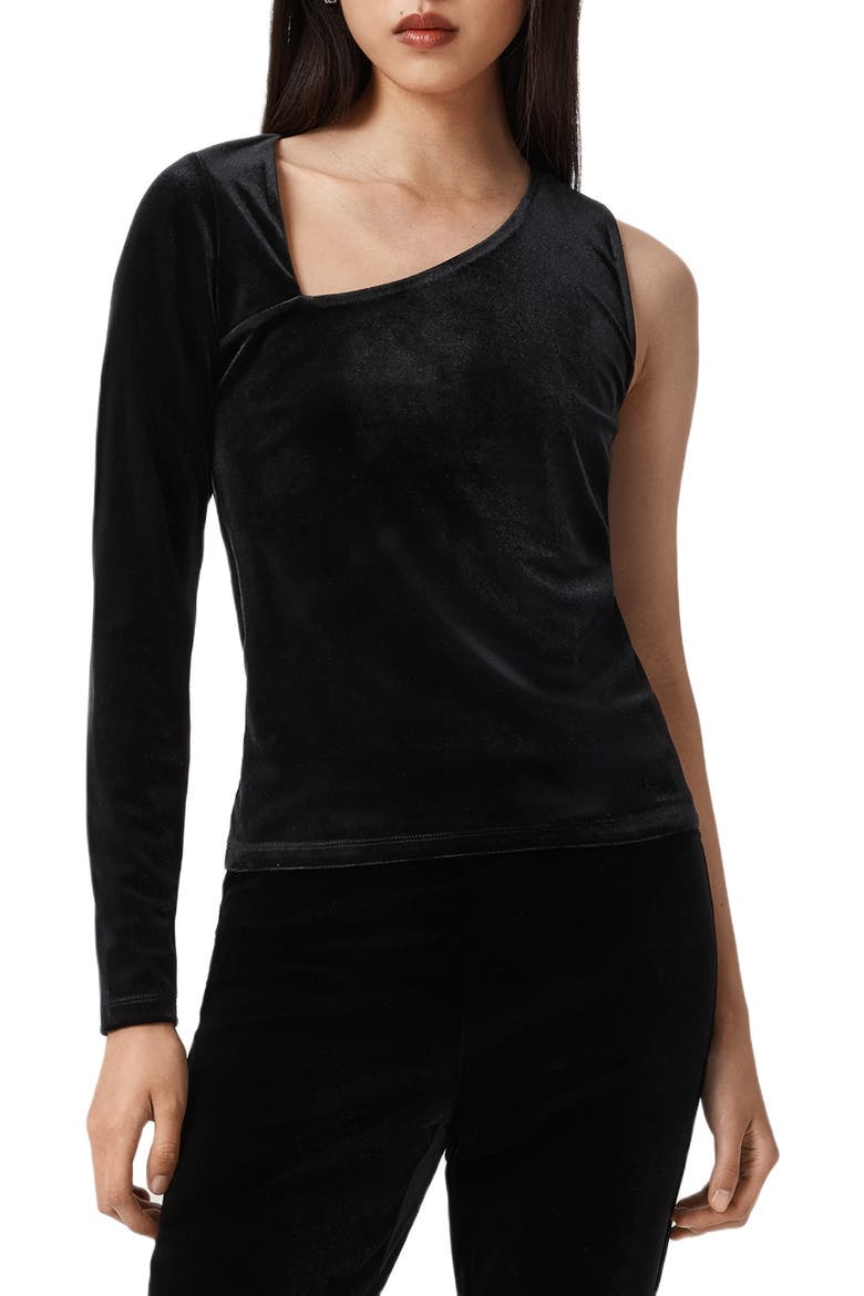 Ari Asymmetric Single Long Sleeve Velvet Top, Main, color, BLACK