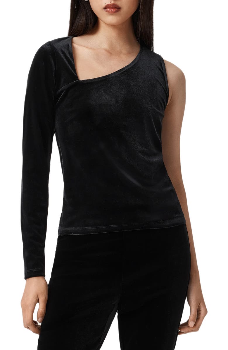 AllSaints Ari Asymmetric Single Long Sleeve Velvet Top, Main, color, Black
