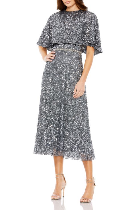 Embellished Cape High Neck Midi Dress
