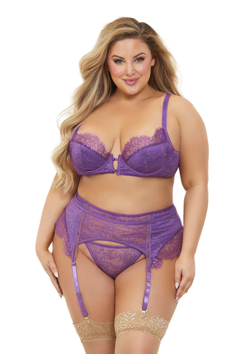 Lace Bra, Garter Belt & Thong Set, Alternate, color, PURPLE