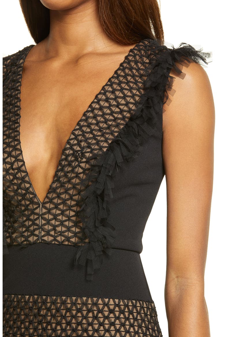 Plunge Neck Tiered Ruffle Cocktail Dress, Alternate, color, BLACK/NUDE