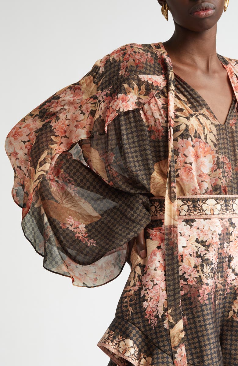 Zimmermann Tropical Floral Flutter Ruffle Tie Neck Top, Alternate, color, 