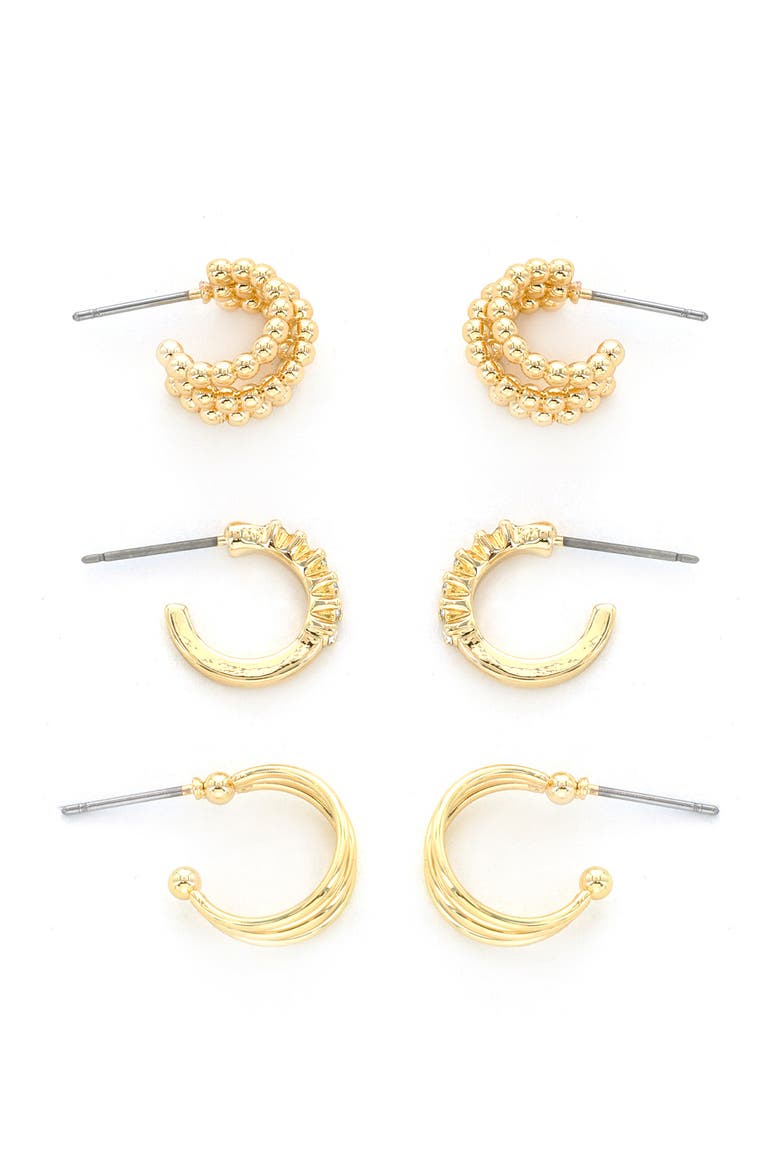 Set of 3 Assorted Hoop Earrings, Main, color, GOLD