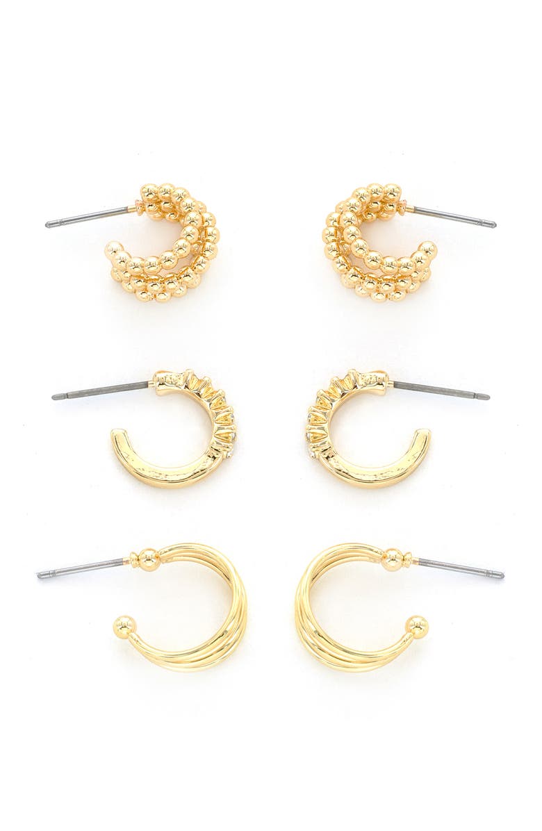 Panacea Set of 3 Assorted Hoop Earrings, Main, color, Gold
