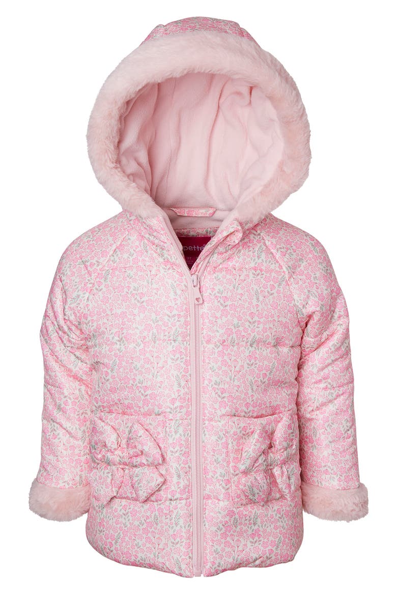Faux Fur Trim Floral Jacket, Main, color, PINK
