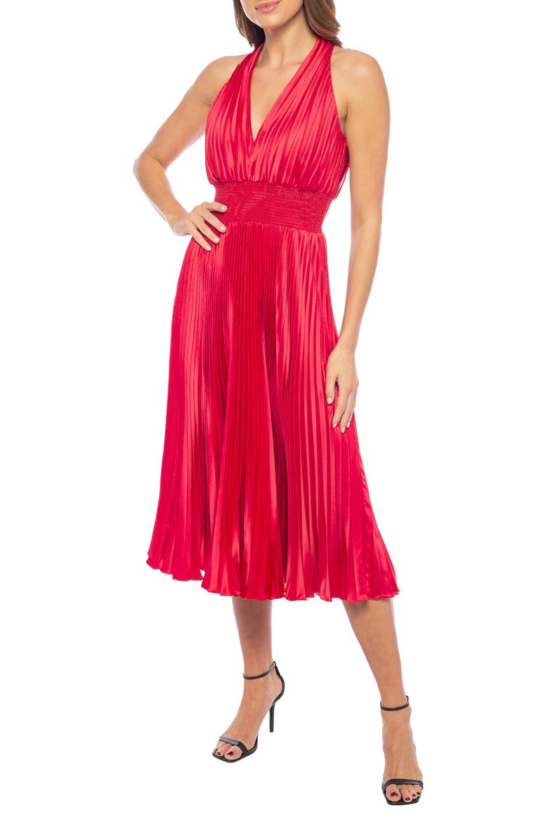 Pleated Charmeuse Midi Dress, Main, color, BERRY