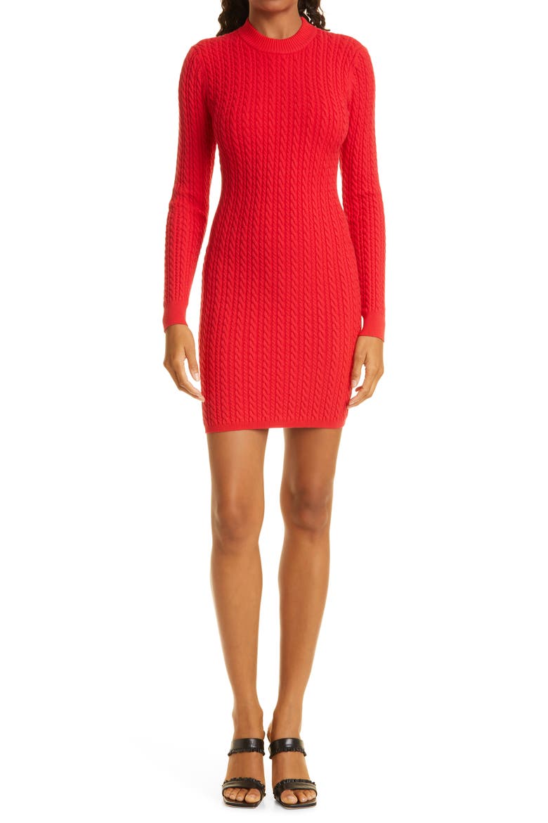 Yuna Long Sleeve Cable Sweater Dress, Main, color, BRIGHT POPPY