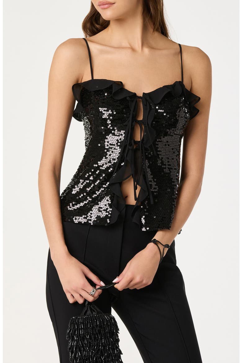 Sequin Ruffle Trim Tie Front Top, Main, color, BLACK