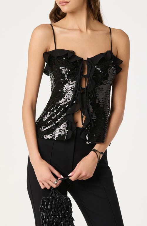 Astr The Label Sequin Ruffle Trim Tie Front Top In Black