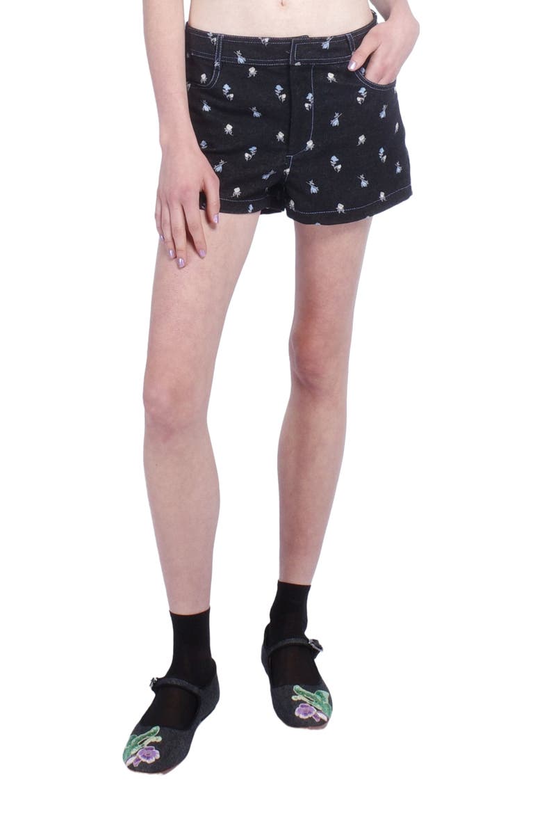 Denim Embroidered Roses Shorts, Main, color, Black Multi