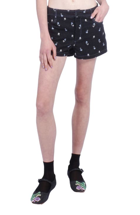 Denim Embroidered Roses Shorts