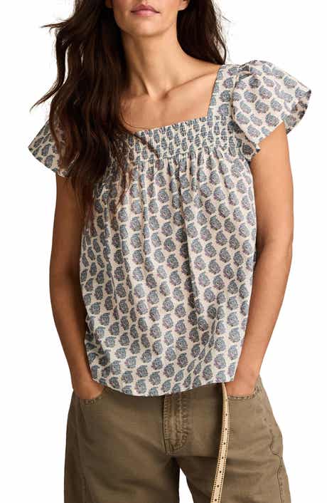 Lucky Brand Print Smocked Square Neck Cotton Peasant Top
