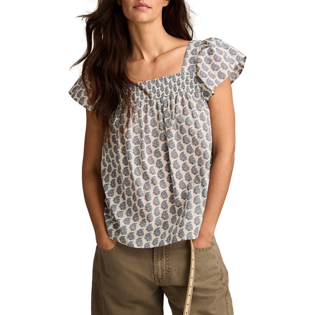 Lucky Brand Print Smocked Square Neck Cotton Peasant Top In Multi
