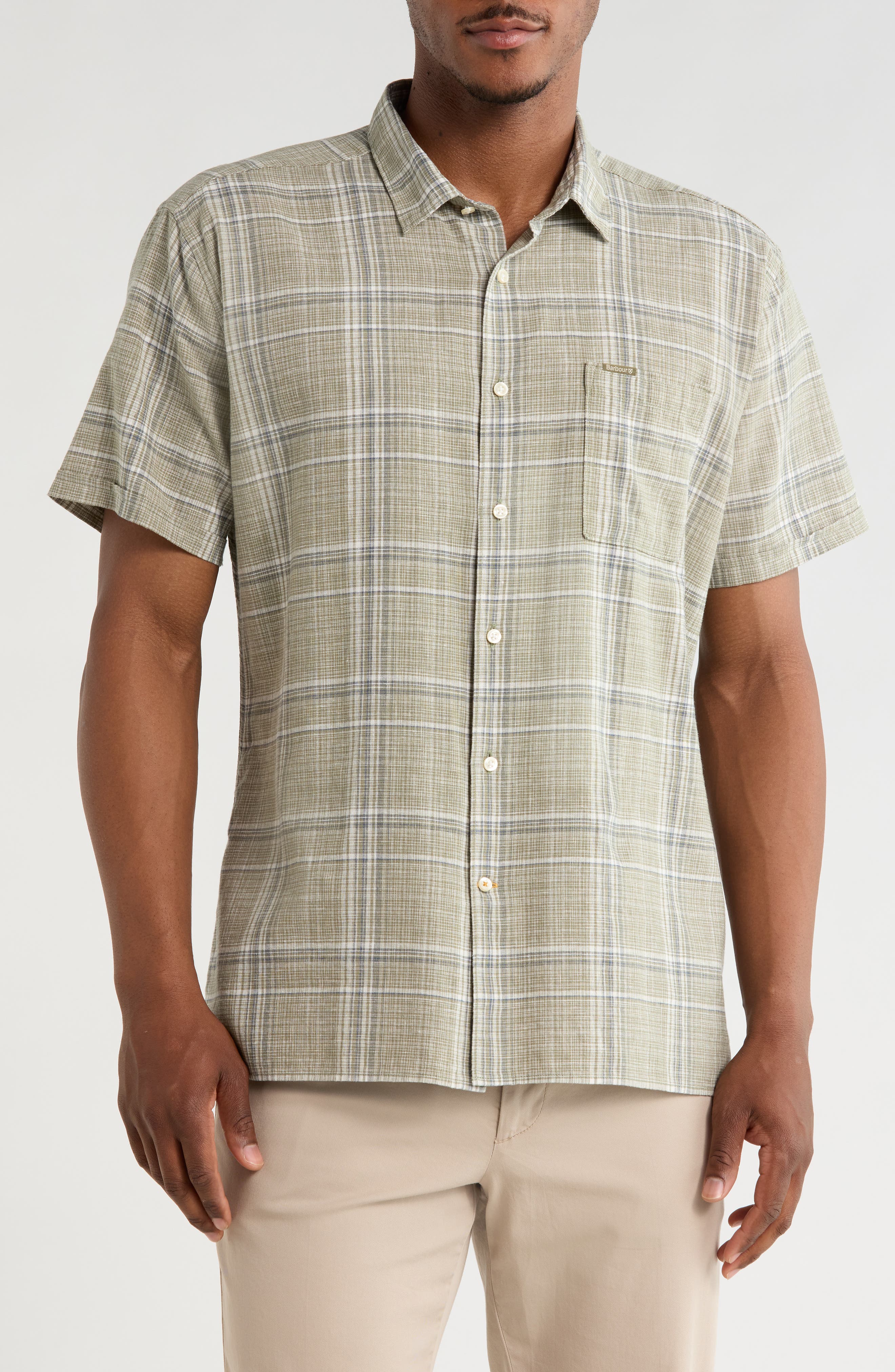Barbour Coldingham Regular Fit Windowpane Short Sleeve Linen & Cotton Button-Up Shirt