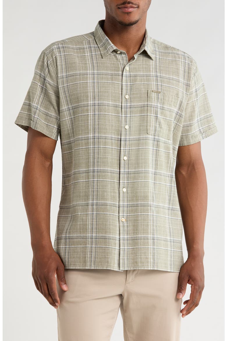 Coldingham Regular Fit Windowpane Short Sleeve Linen & Cotton Button-Up Shirt, Main, color, LIGHT MOSS