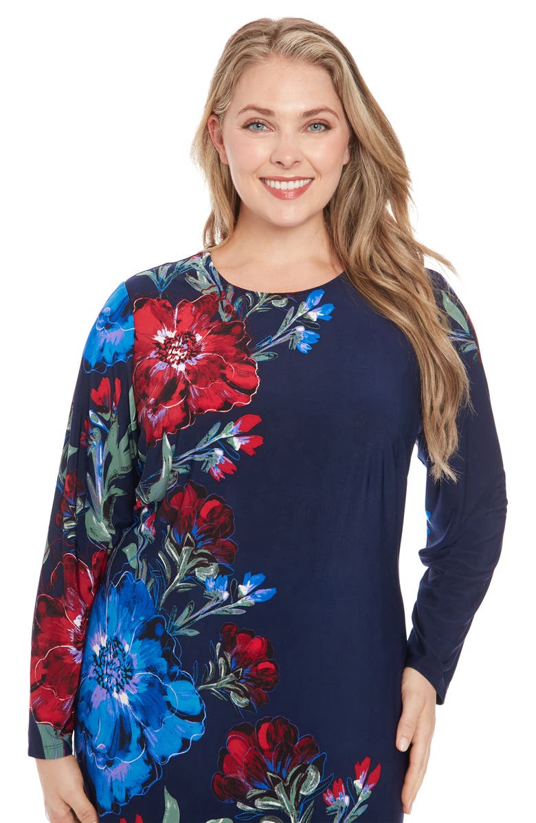 London Times Floral Long Sleeve Jersey Midi Sheath Dress, Alternate, color,