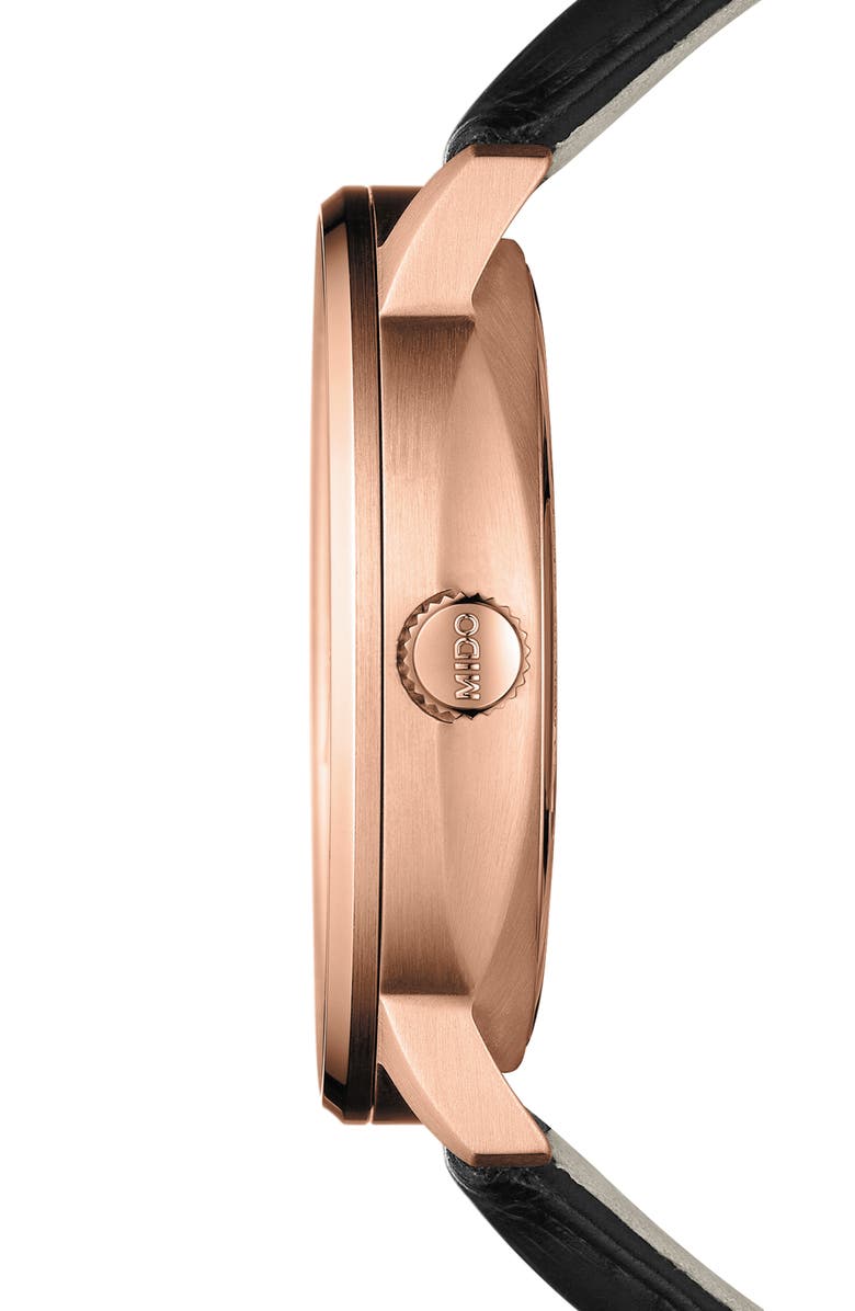 MIDO Commander II Skeleton Leather Strap Watch, Alternate, color, Black/ Rose Gold