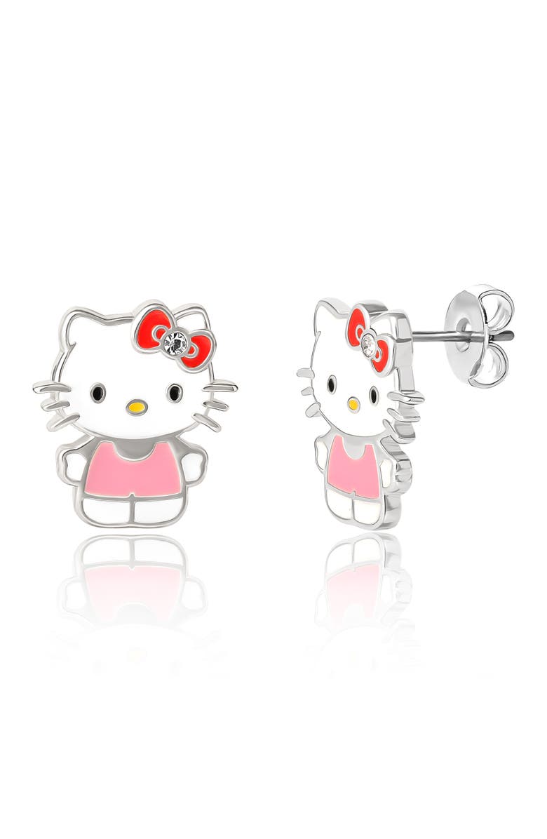Hello Kitty Light Pink Shirt Crystal Stud Earrings, Main, color, Silver, White