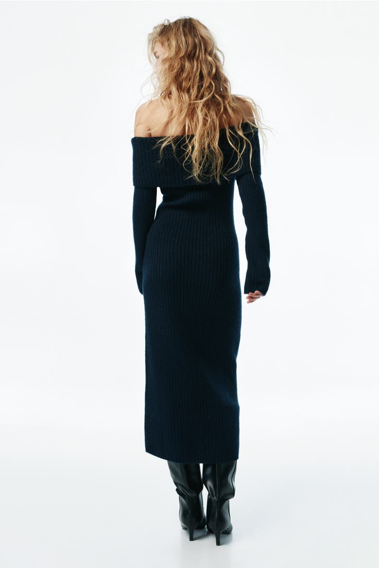 Rib-knit off-the-shoulder dress, Alternate, color, Navy blue