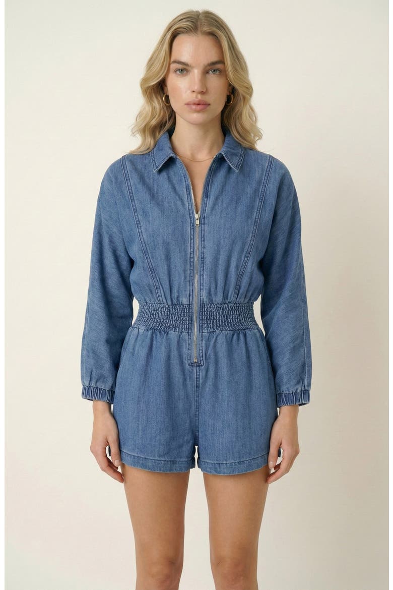 Zip Front Romper with Smocked Waist and 3/4 Sleeves, Main, color, Blue