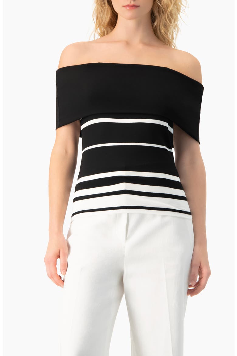 Bardot Stripe Off-Shoulder Short-Sleeve Knit Top, Main, color, Black