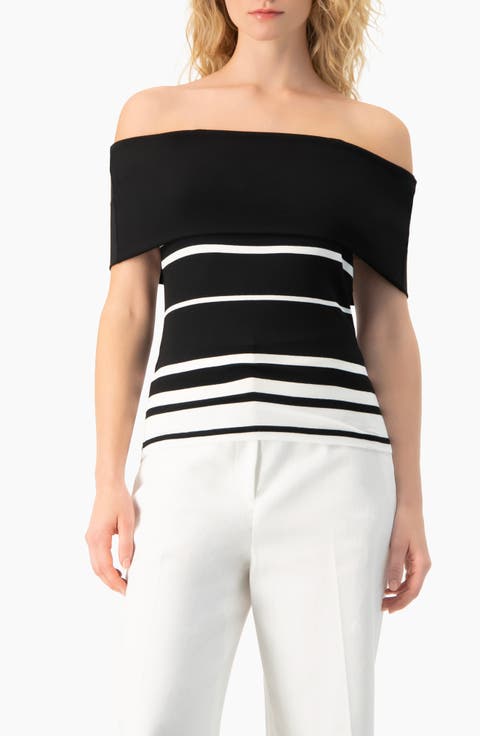 Bardot Stripe Off-Shoulder Short-Sleeve Knit Top